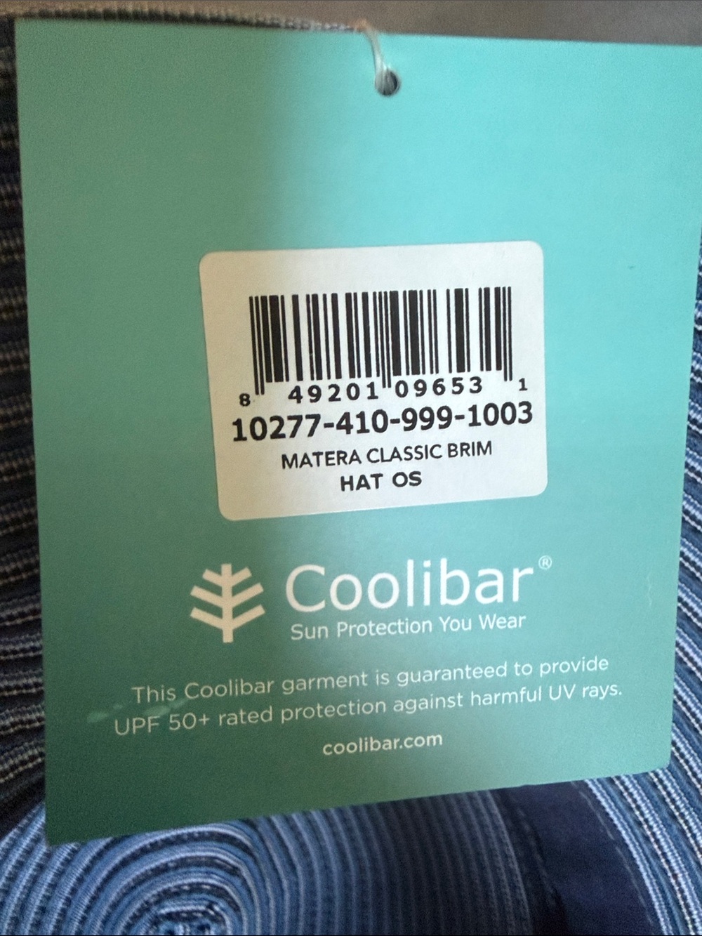 Coolibar Navy and White Striped Sun Hat with Interior Tie. UPF 50+! OS - Picture 6 of 9